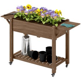 Outsunny Wood Raised Planter Box, Elevated Garden Bed with Lockable Wheels, Side Tables, Bottom Shelf, Drain Holes, Carbonized