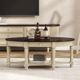 Vintage Oval Coffee Table with Drawer and Storage Shelf, Antique Cocktail Table in 45", French Country Accent Table for Living Room,Beige and Esp
