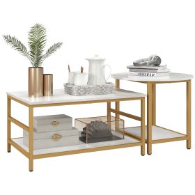 HOMCOM Coffee Tables Sets of 2, Rectangle and Round Coffee Table with Storage Shelves, Faux Marble Top, Living Room Table Set, White