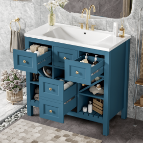 36'' Bathroom Vanity with Resin Sink Combo, Solid Wood Frame Bathroom Storage Cabinet, Freestanding Vanity Set with 5 Drawers& Soft Closing Doors