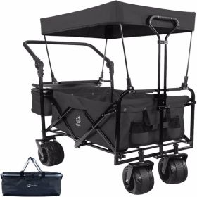 Collapsible Wagon Heavy Duty Folding Wagon Cart with Removable Canopy, 4" Wide Large All Terrain Wheels, Brake, Adjustable Handles