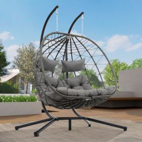 2 Persons Egg Chair with Stand Indoor Outdoor Swing Chair Patio Wicker Hanging Egg Chair Hanging Basket Chair with Stand for Bedroom Living Room