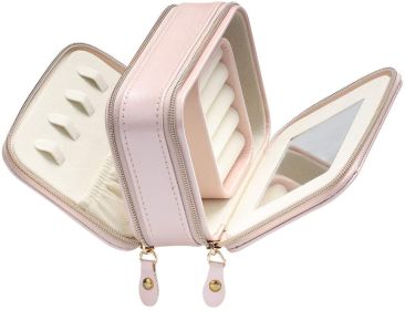 Jewelry Case with Double Zippers and Built-in Mirror Small Size PU Leather for Women and Girls Rings Earrings Necklace Organizer Jewelry Storage (Color: Pink)